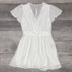 Altar’d State White Surplice Swiss Dot Mini Dress Womens L Flutter Sleeve Ruffle